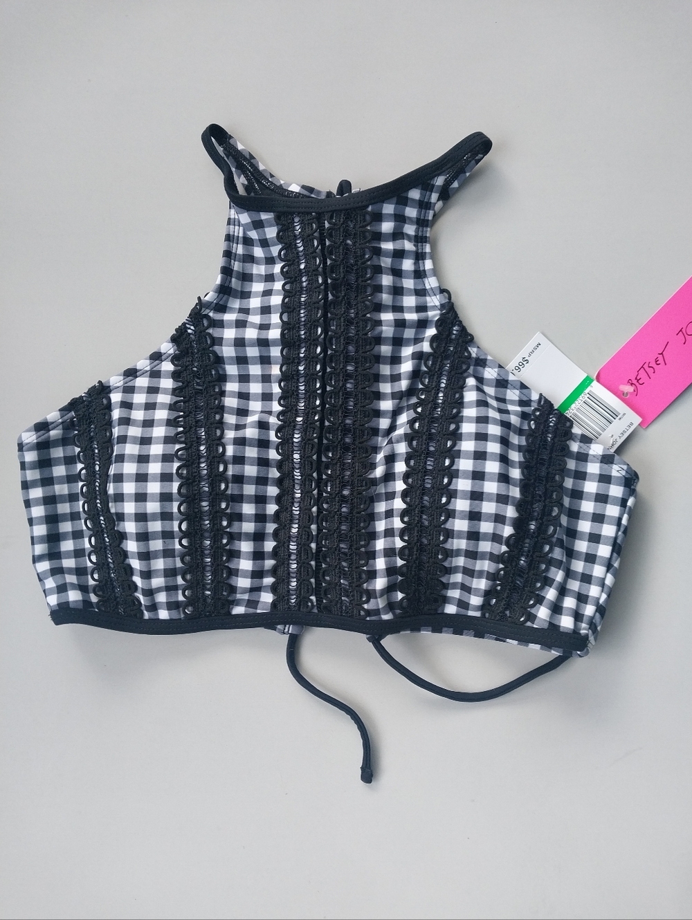 Betsey Johnson Black and White Gingham High-Neck Swim Top NWT Size L